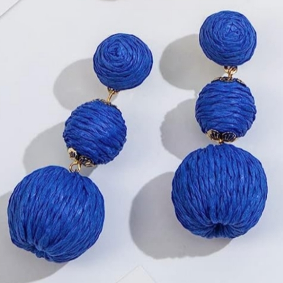 Chunky Blue Rattan Earrings Wicker Bold Statement Wicker Dangle 80s New - Picture 4 of 5